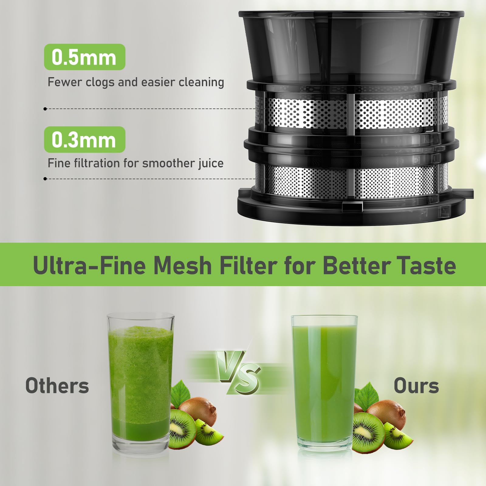 Extractor de Zumo Profesional 120mm, Exprimidor Eléctrico Lento 65RPM con Tritan(Libre de BPA), Slow Juicer 2.3L de Gran Capacidad para Frutas y Verduras - Máximo Nutriente, Incluye Cepillo