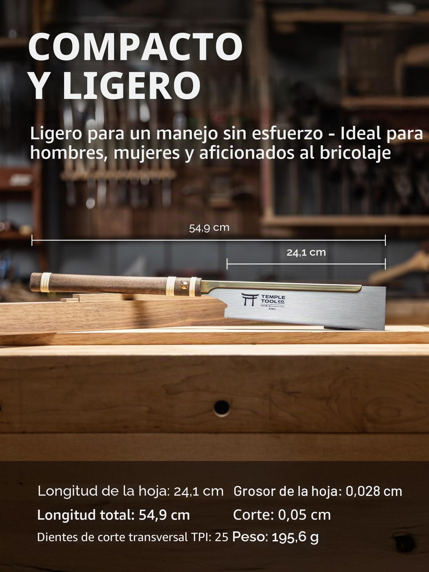 Temple Tool Co. - Sierra de tracción japonesa - Crosscut 9.5 - Sierra de mano para cortes transversales de carpintería, Kumiko, hombros de espiga