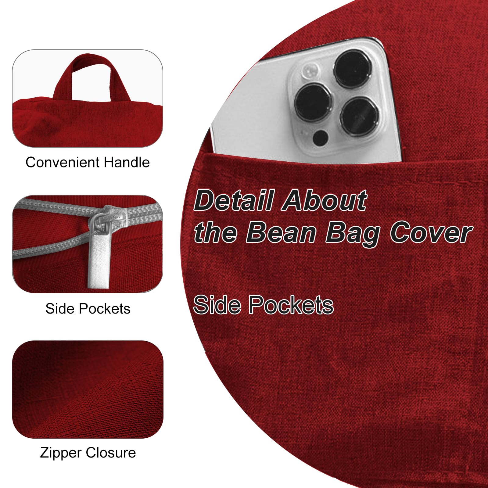 Poltrona Sacco XL, Bean Bag Con Manico, Pouf Sacco Adultes, Solo Rivestimento (Senza Imbottitura) Per Poltrona Pouf, 100 x 120 cm (Rosso)