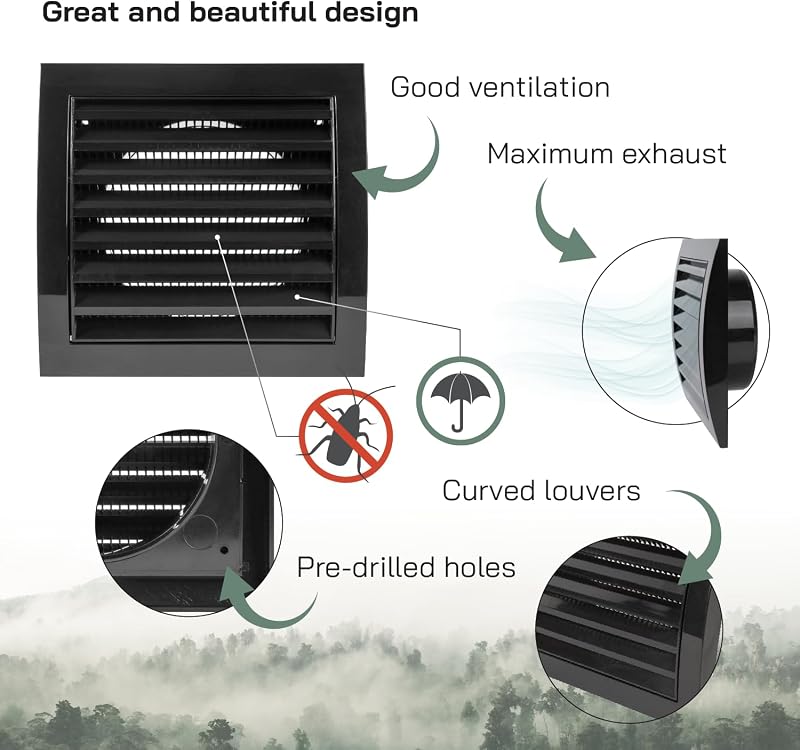 Vent Systems 100 mm Fekete Szellőzőrács - Szárítógép, Fürdőszoba, Kültéri/Beltéri Légkivezető Takaró, Elszívó Rendszer, ABS Anyag, Könnyen S