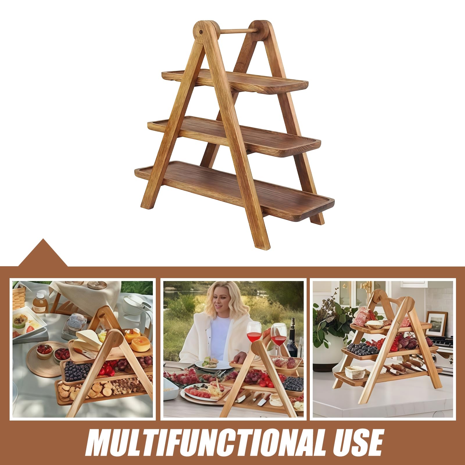 PORFOYO Soporte para cupcakes de madera, soporte para tartas de 3 niveles, soporte para postres, soporte para tartas de 3 niveles con asa, soporte de madera con platos para servir postres, accesorios