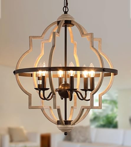Q&S Candelabro rústico de orbe antiguo, estilo granja, vintage, 6 luces, color blanco roble, lámparas de techo colgantes para vestíbulo, comedor,