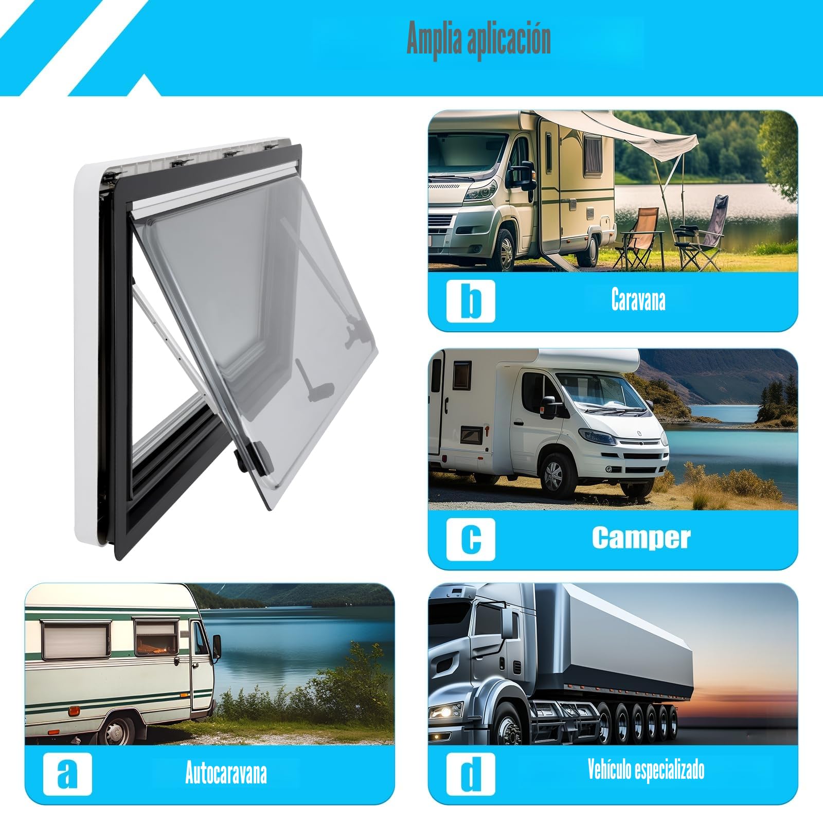 DIFU - Ventana para caravana, 900 x 500 mm, certificado ECE R43, doble cristal acrílico, con mosquitera y persiana, protección contra insectos