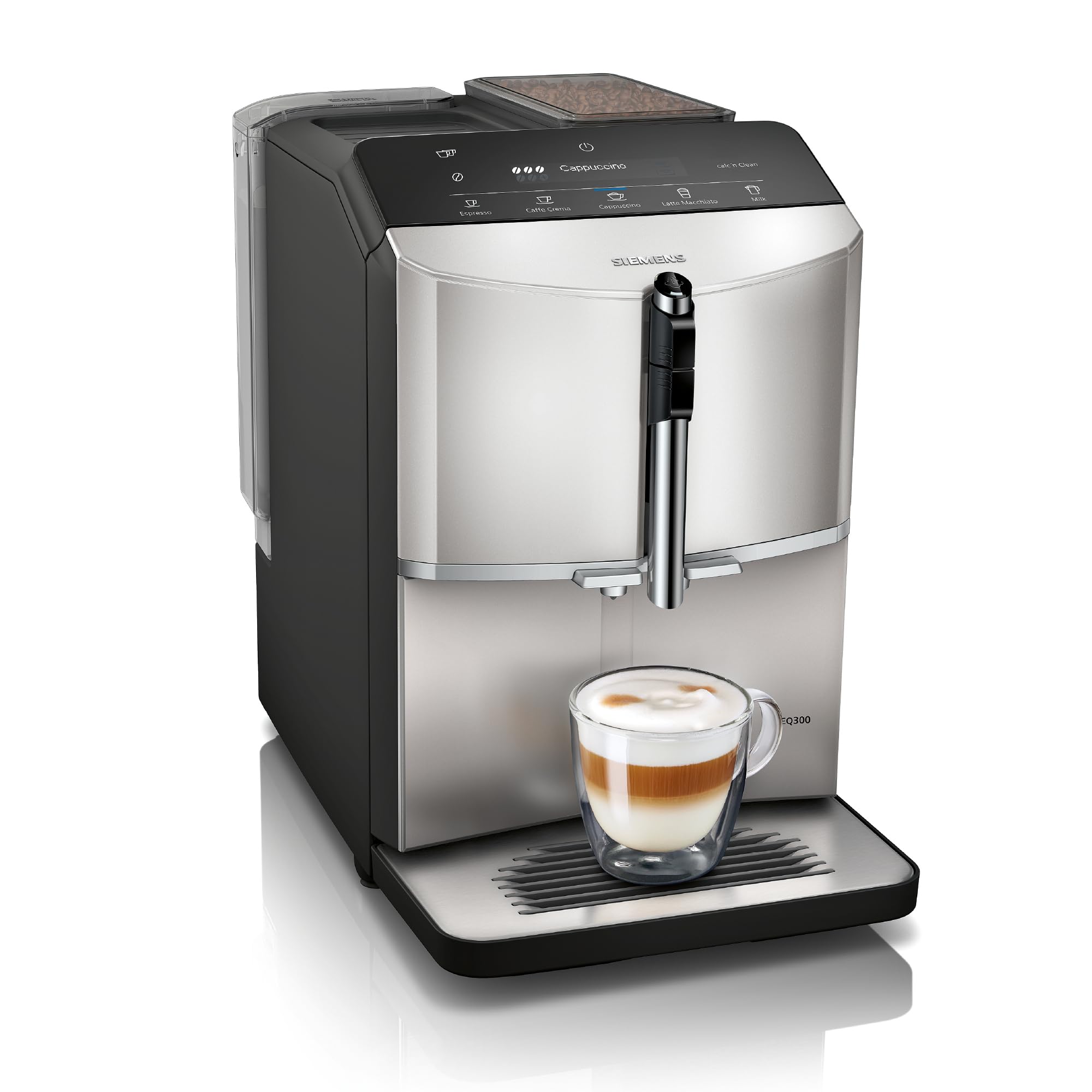 SIEMENS - Cafetera Superautomática, EQ300, ceramDrive, milkPerfect, Función oneTouch, Acero, TF303E07