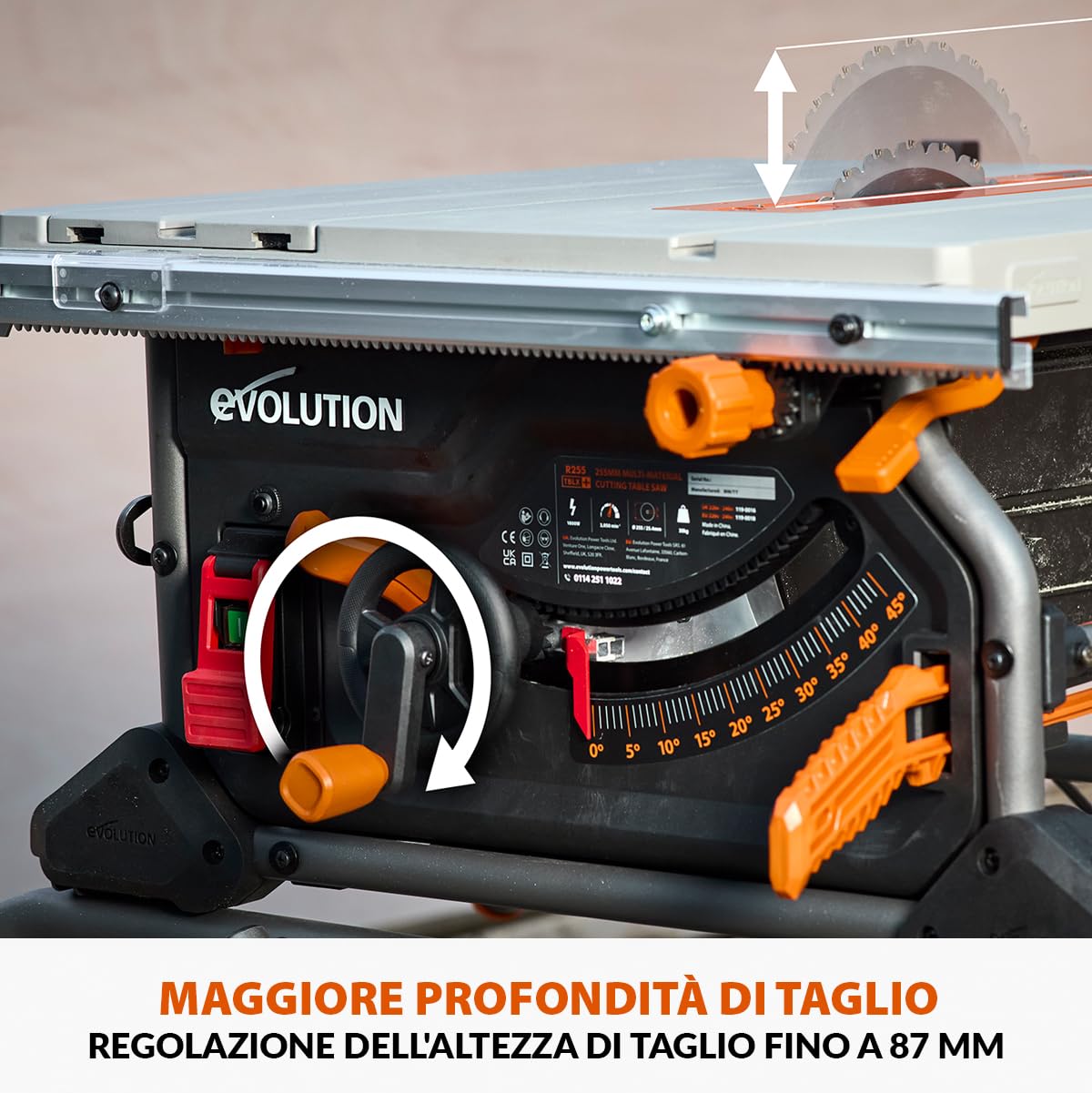 Evolution Power Tools R255TBL+ Sega Da Banco (La Prossima Generazione Rage 5-S) Lama Da Taglio Multimateriale Inclusa Taglia Legno Metallo Plastica, Smusso A 45°, Angolo Obliquo +/- 60°, 1800w