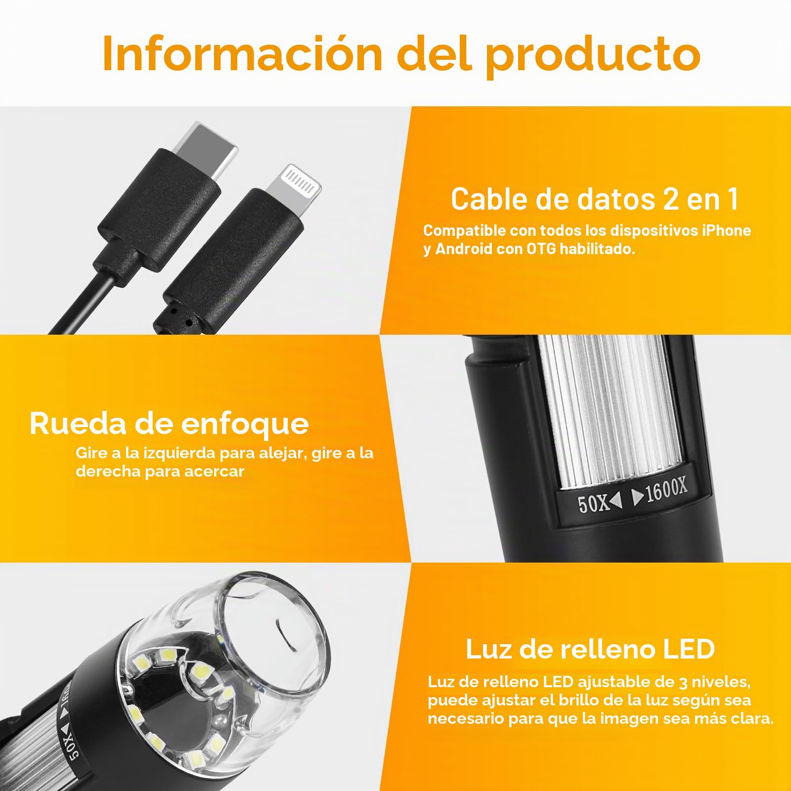 WADEO Microscopio Digital de Mano, microscopio USB 1440P HD con Aumento de 50X-1600X, cámara de inspección portátil sin WiFi, con Cable con 8 LED y Soporte, Compatible con iOS, Android y tabletas