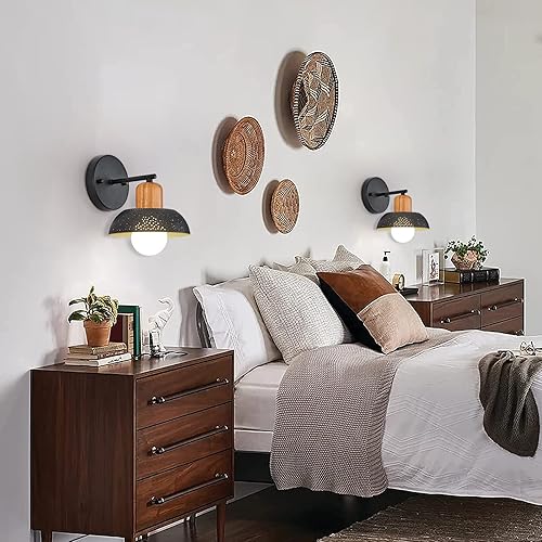 Miniatura 7 de Juego de 2 apliques de pared, lámpara de pared industrial de madera, lámpara de pared de pantalla de metal con patrón perforado, base E26, color
