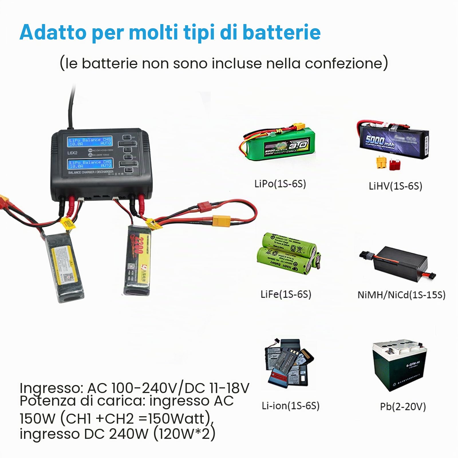 Haisito L6X2 Duo RC Balance Charger/Scaricatore per Lilon LiPo Life LiHV NiCd NiMH PB Smart Batteria Dual Multicciatore AC 150W/DC 240W 10A x 2