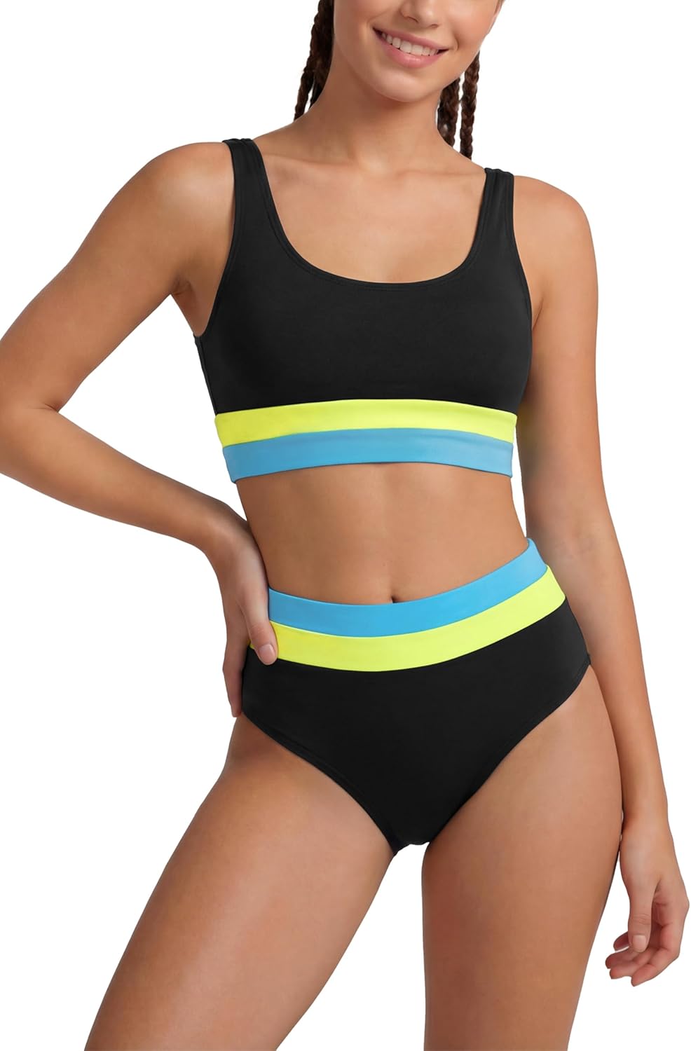 Period Swimwear Menstrual Swimsuit Leakproof Color Block Bikini Sets High Waisted Athletic Bathing Suit for Teen Girl