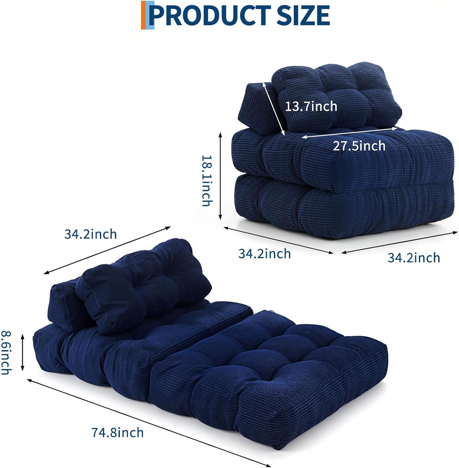 Folding Sofa Bed, Convertible Sleeper Chair with Pillow Foldable Matress with Back Support, Portable Fold Out Chair Bed Comfy Floor Sofa Lounge for Living Room Bedroom, Navy Blue, Single