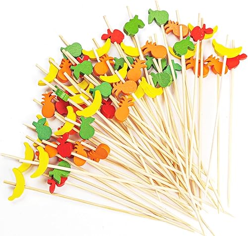 Busnos Palillos de dientes de cóctel para aperitivos, 100 piezas de frutas tropicales, palillos de cóctel de frutas decorativas, frutas, cupcakes,