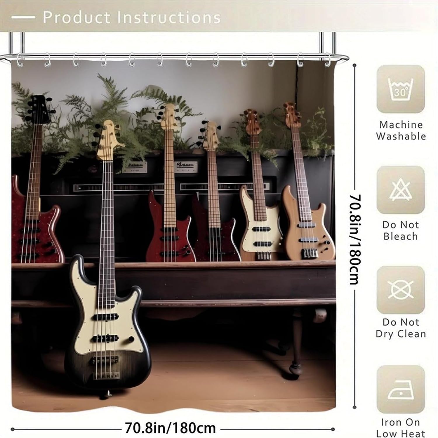 Guitar Bass Music Musical Instruments Shower Curtain with Hooks, Waterproof Bath Curtains for Bathroom, Lightweight Bath Curtains Liner for Hotel, Personalized Bath Curtain for Spa, 70.8 Inch image 5