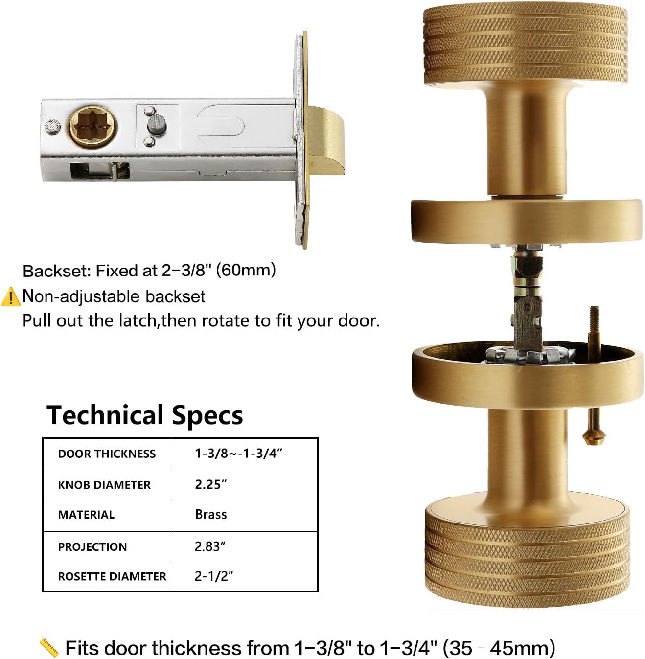 Knurled Brass Privacy Door Knob – Solid Brass Industrial Style Handle with Brushed Finish – Fixed 60mm Backset for Bedroom & Bathroom Doors (Brushed Brass, Privacy-2.375 in)