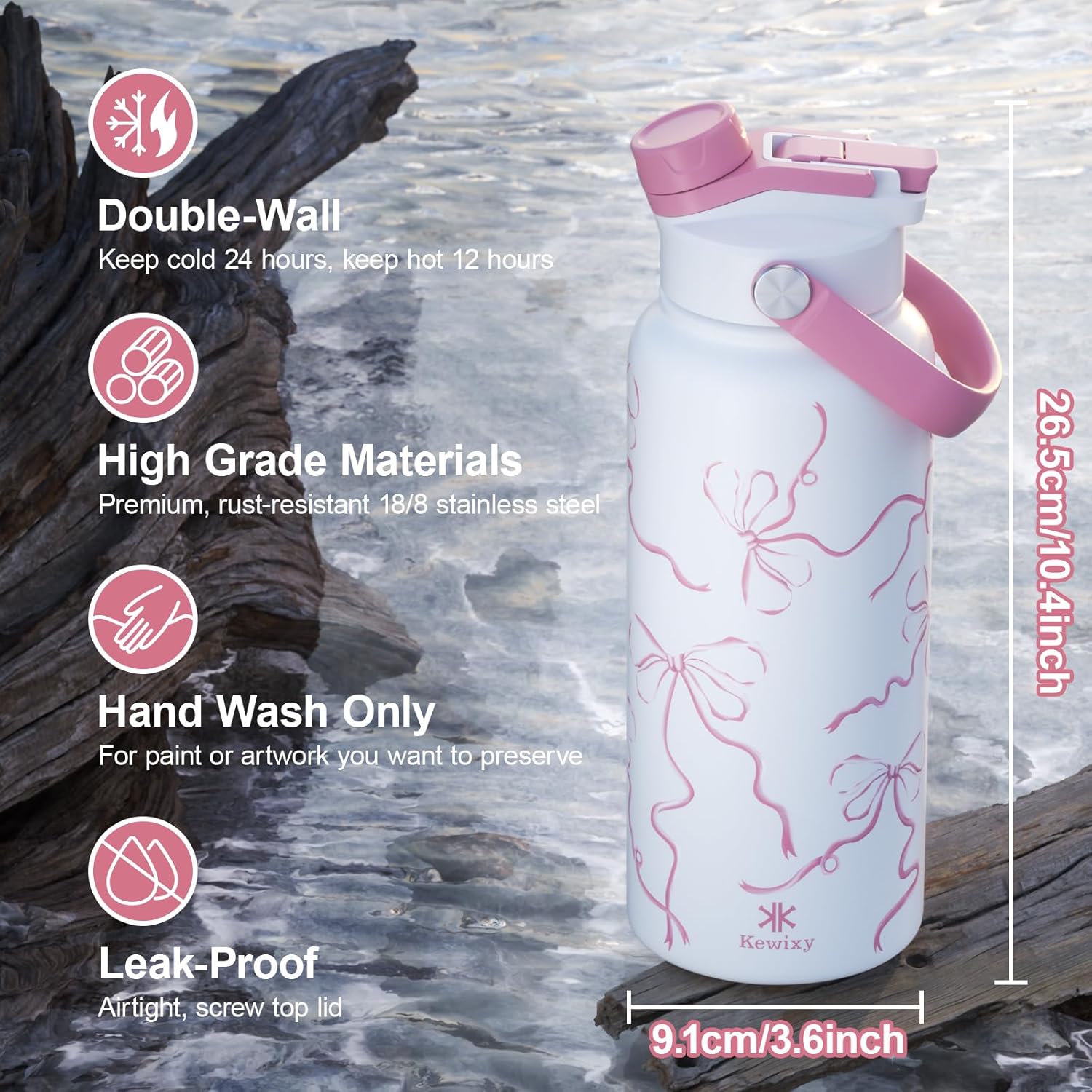 32 oz Pink Water Bottle, 2-in-1 Lid, Straw & Spout with Protected, Leak Proof, Keep Cold, Stainless Steel, Metal, Reusable, Handle, for Travel, Gym and School, Breeze Pink Bow - Image 5