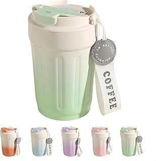 14oz Portable Vacuum - Insulated Coffee Mug with Ceramic Lining. Gradient Color. Carry - Cord. Leakproof. Easy to Clean. Good Heat Retention. For Coffee, Milk, Juice & Fruit Tea. (Green)