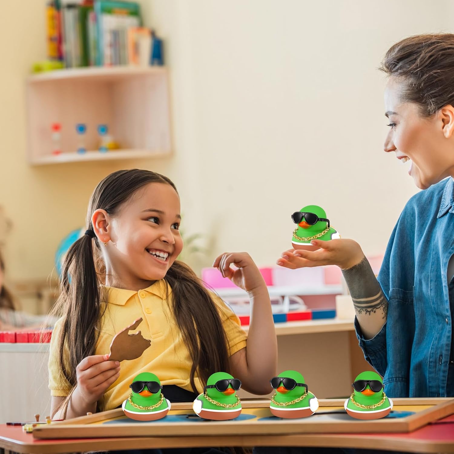 48 Pcs Glow in The Dark Ducks Mallard Rubber Duck with Sunglasses Necklace Mini Squeaky Rubber Ducks for First Day of School Gifts Birthday Party Favors Supplies