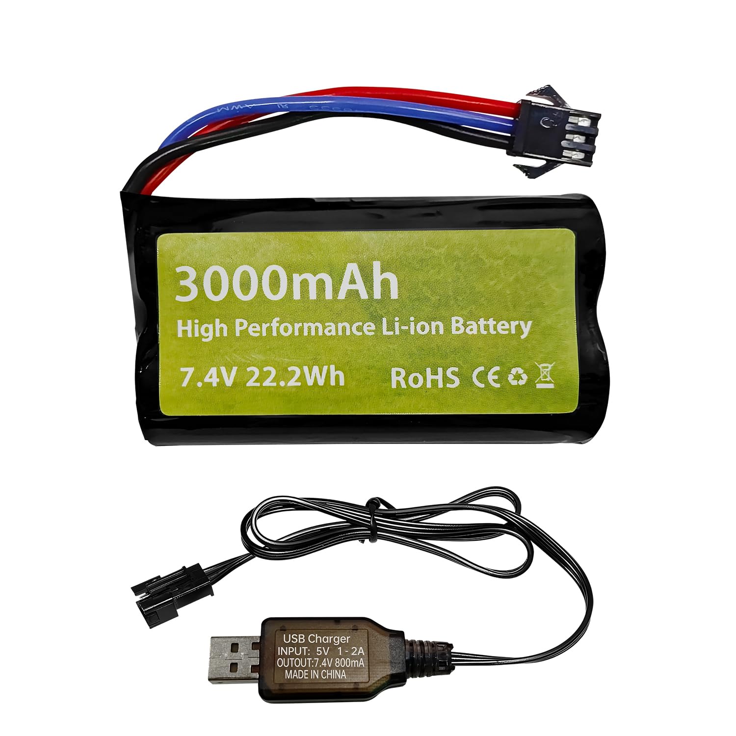 7.4V 3000mAh 15C 2S Li-ion Battery with SM-3P Plug with USB Charging Cable for DE43 DE60 9500E 9309E Control Car Model Car Truck Huina 1575 RC Engineering Vehicle RC Toy Car Battery