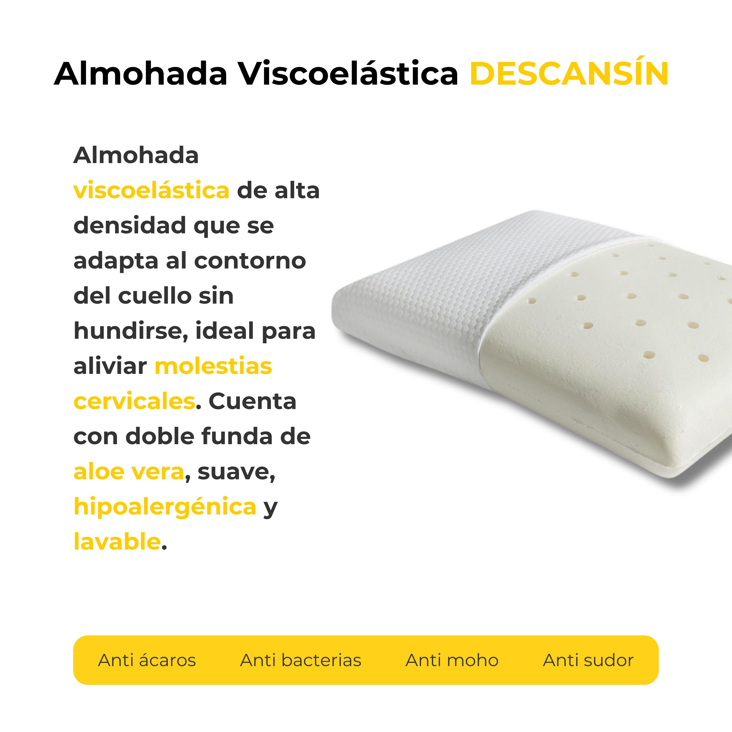 DESCANSIN - Almohada Viscoelastica Aloe Vera | Calidad y Firmeza para Problemas Cervicales | Almohada Viscoelastica Buena y Duradera | Doble Funda De Aloe Vera Fácilmente Extraíble y Lavable (120cm)