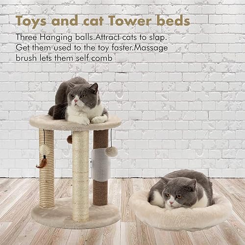 Miniatura 7 de MECOOL Árbol pequeño para gatos 4 en 1, poste rascador con cama suave para gatos, postes de yute para alfombras de sisal con tres juguetes de bola