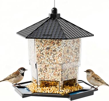 Yieach Hanging Bird Feeder for Outdoors,Large Hopper Squirrel Proof Birdfeeder for Cedar,Red,Cardinal,Blue Jay and Wild Birds,Easy to Feel Birdhouse & Bird Seed Feeder & Gazebo for Outside,Tree,Black