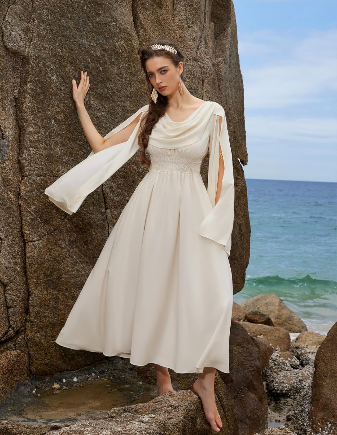 Scarlet Darkness Women Renaissance Dress Split Bell Sleeve Cowl Neck Peasant Medieval Dress - Image 5