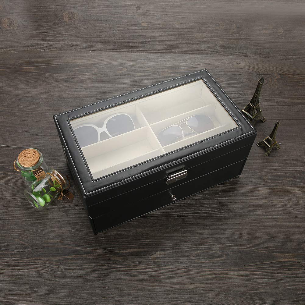 Caja organizadora para guardar gafas de sol - Estuche de 12 compartimentos para gafas con cerradura y llave - Caja de gafas de cuero sintético, porta gafas - Caja de presentación con tapa transparente
