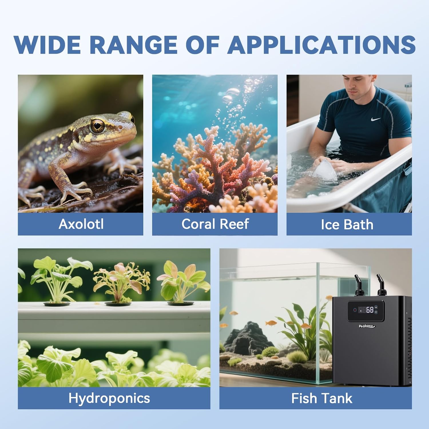 Poafamx Aquarium Chiller 1/3 HP, 79Gal Water Chiller with Upgraded LED Display, Water Pump and Pipe, Quiet Aquarium Cooler for Fish Tank Axolotl Coral Hydroponics System