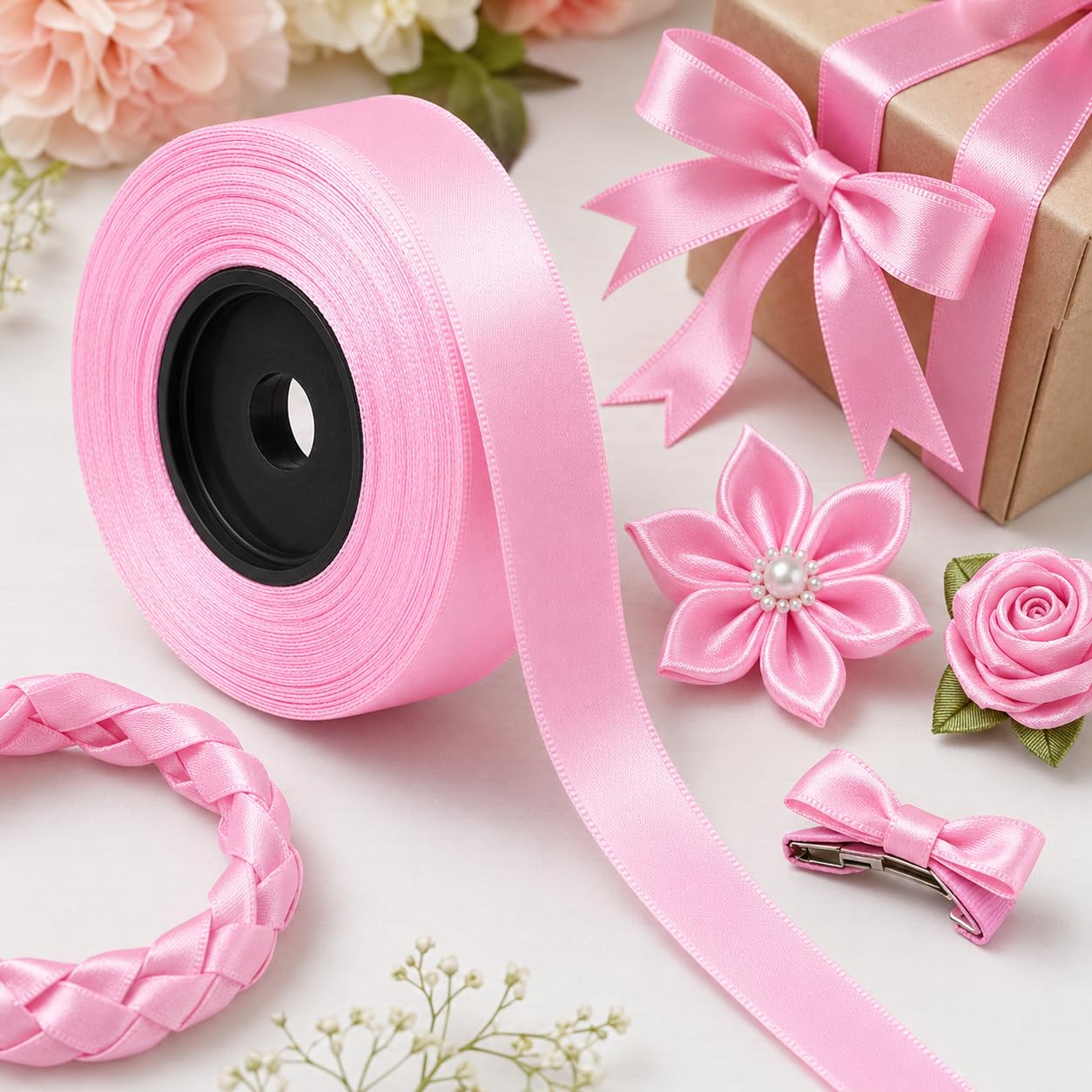 wonny ribbon Mサイズ ピンク Double-Sided Satin Ribbon Roll, Baby Pink, Size-12mm(1/2'') Width