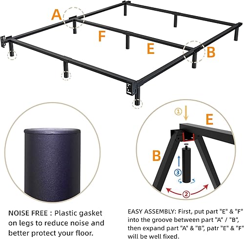 Miniatura 3 de THEOCORATE Marco de cama tamaño King marco de cama de metal básico de 7 pulgadas base de perfil bajo para somier soporte de 9 patas sin ruido fácil