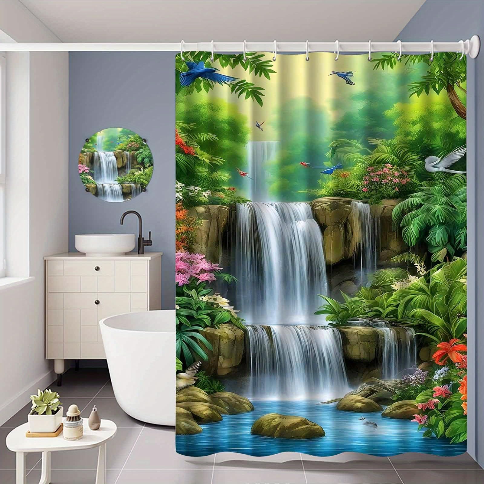 Rideau de douche grand format cascade pour ambiance spa et nature