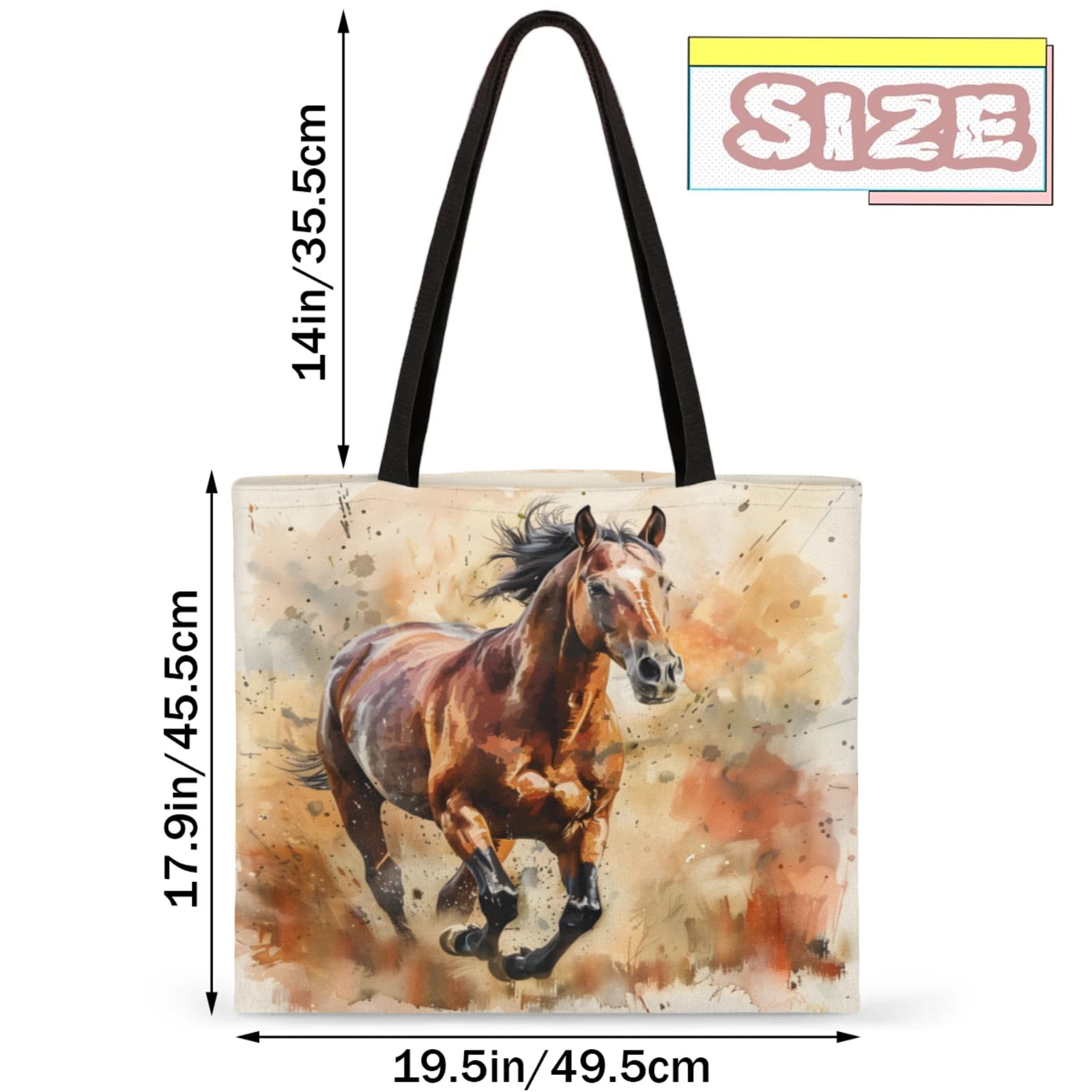 Mularoka Prancing Horses Square Canvas Tote Bag Top Handle Purses Stylish Women Canvas Shoulder Tote Bags Reusable Handbags for Work Travel Picnic Beach Shopping Gym Hiking