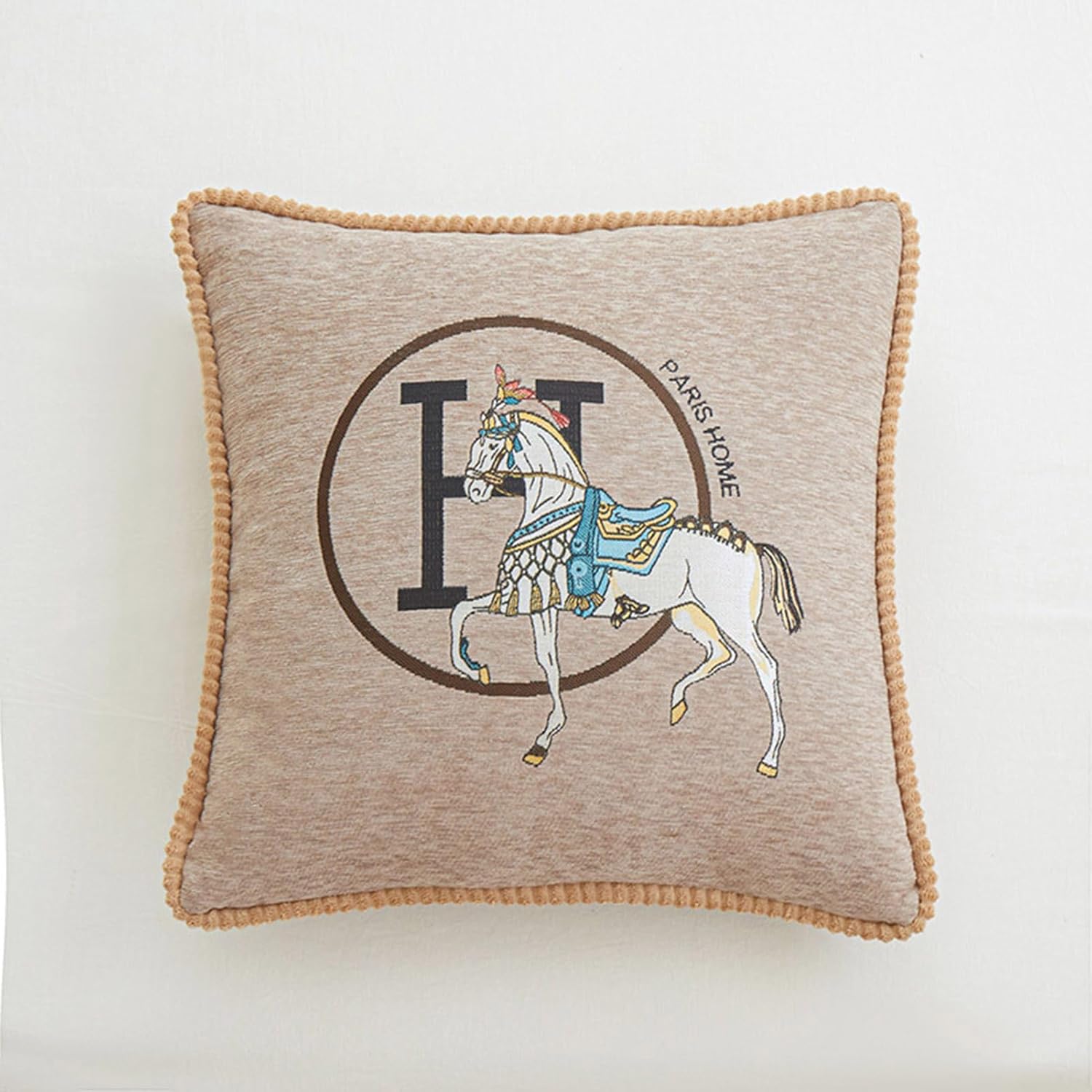 Croker Horse New Version 18x18 inches Throw Pillow Cushion Covers Set 2 Pack - Luxury Horse Jacquard Embroidery with Lace Trim Decorative Pillow Cover for Couch, Sofa, Living Room Bedroom (Beige)