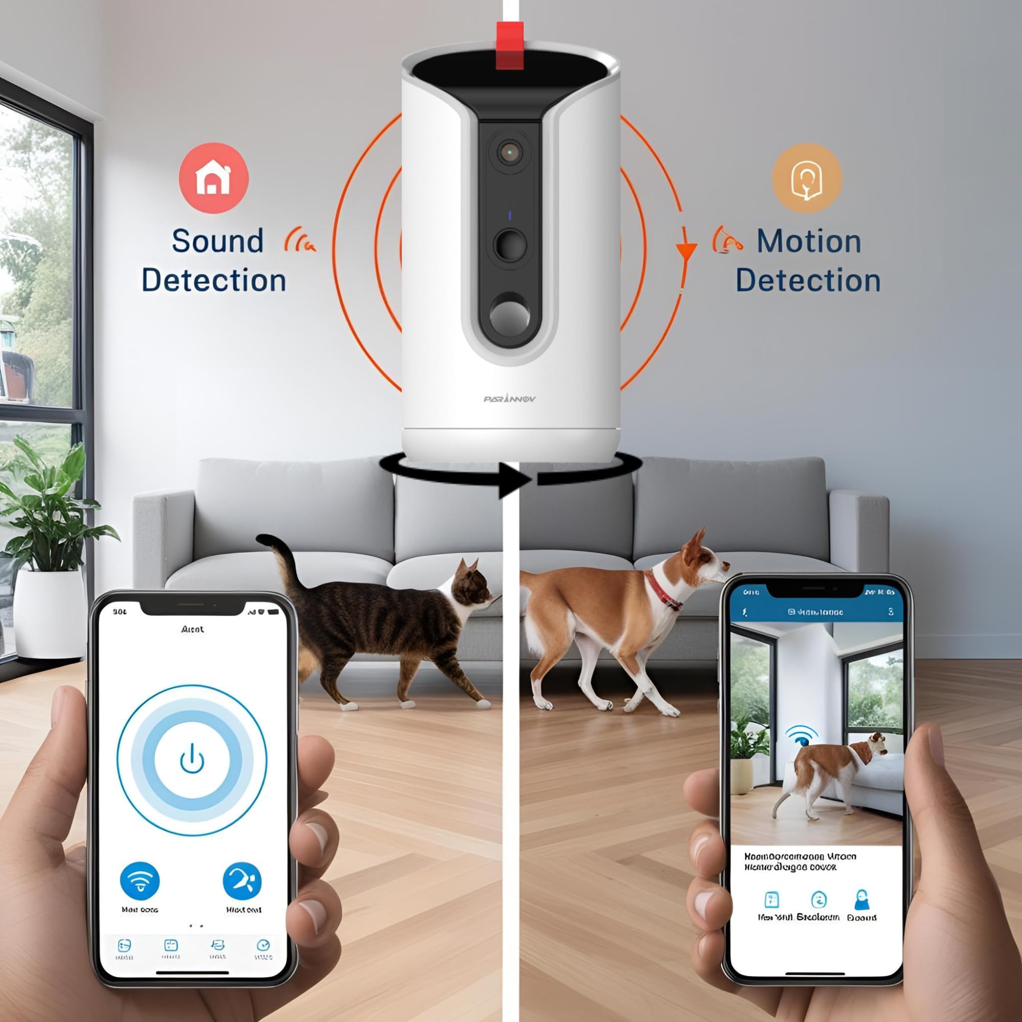 3M Camara Vigilancia Mascotas [sin SUSCRIPCIÓN] Vista Remota 360°, Dispensador de Croquetas y Golosinas vía App, WiFi, Nocturna, Camara vigilancia Perros, Camara Gatos, Detección de Ladrido