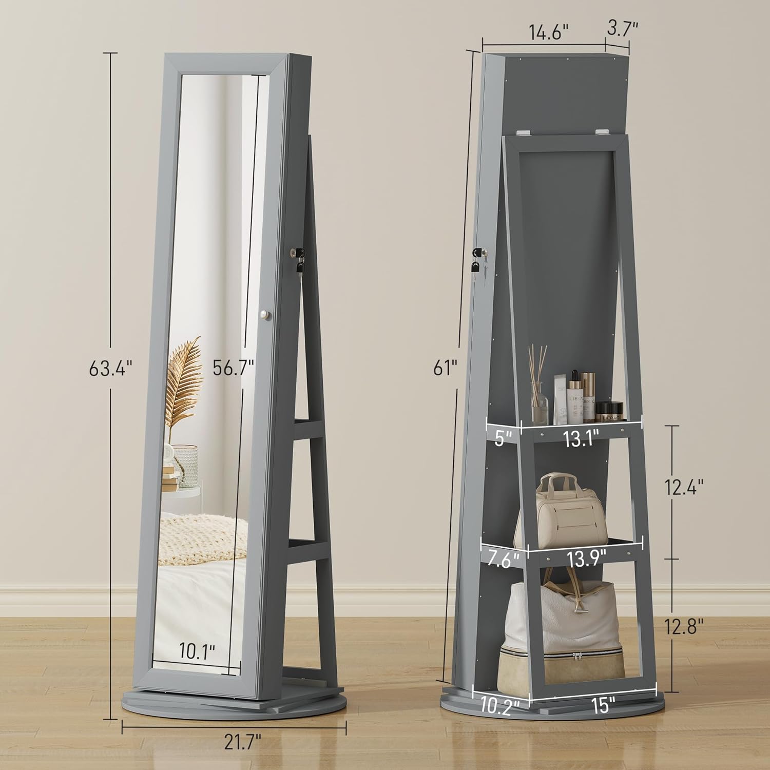 HOMCOM 360° Swivel Jewelry Cabinet, Lockable Jewelry Armoire Organizer with Full-Length Mirror, Back Storage Shelves, Interior Small Mirror, for Bedroom Living Room, Gray