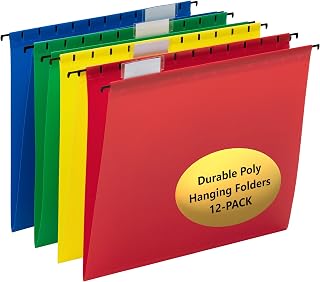 Smead Poly Plastic Hanging File Folders for Documents with Tabs, Letter Size, 0.5 Inch Expansion, File Cabinet Organizer for Filing Cabinets, Assorted Primary Colors, 12 Pack, Office Supplies (64026)