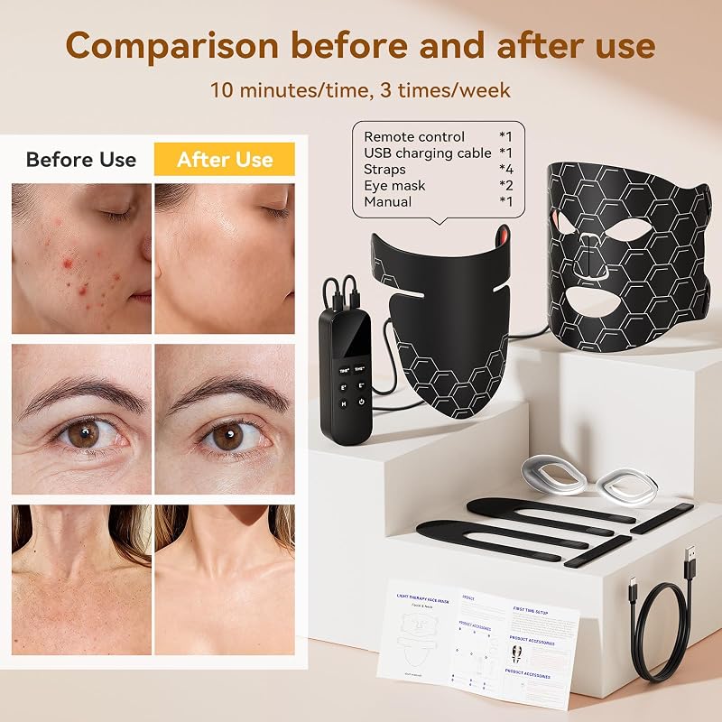 Red Light Therapy for Face LED Face Mask Light Therapy with Neck Device Eye Masks,Type C Charging, Adjustable Brightness Timer,Infrared Light Therapy Mask for Home,Travel,Yoga,Sleep,Working image 2