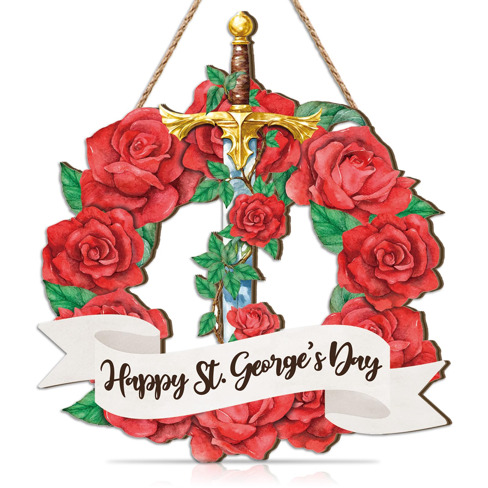 TOARTi Happy St George's Day Wall Art St Georges Front Door Wreath England National Day Wall Decor Red Rose Welcome Door Sign Hanging for Farmhouse Home Porch