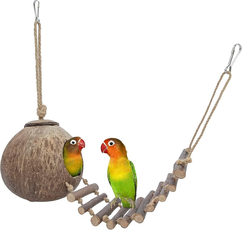 Escondite de hámster de coco natural con escalera, pájaro y juguete de animales pequeños (casa con escalera, superficie lisa)