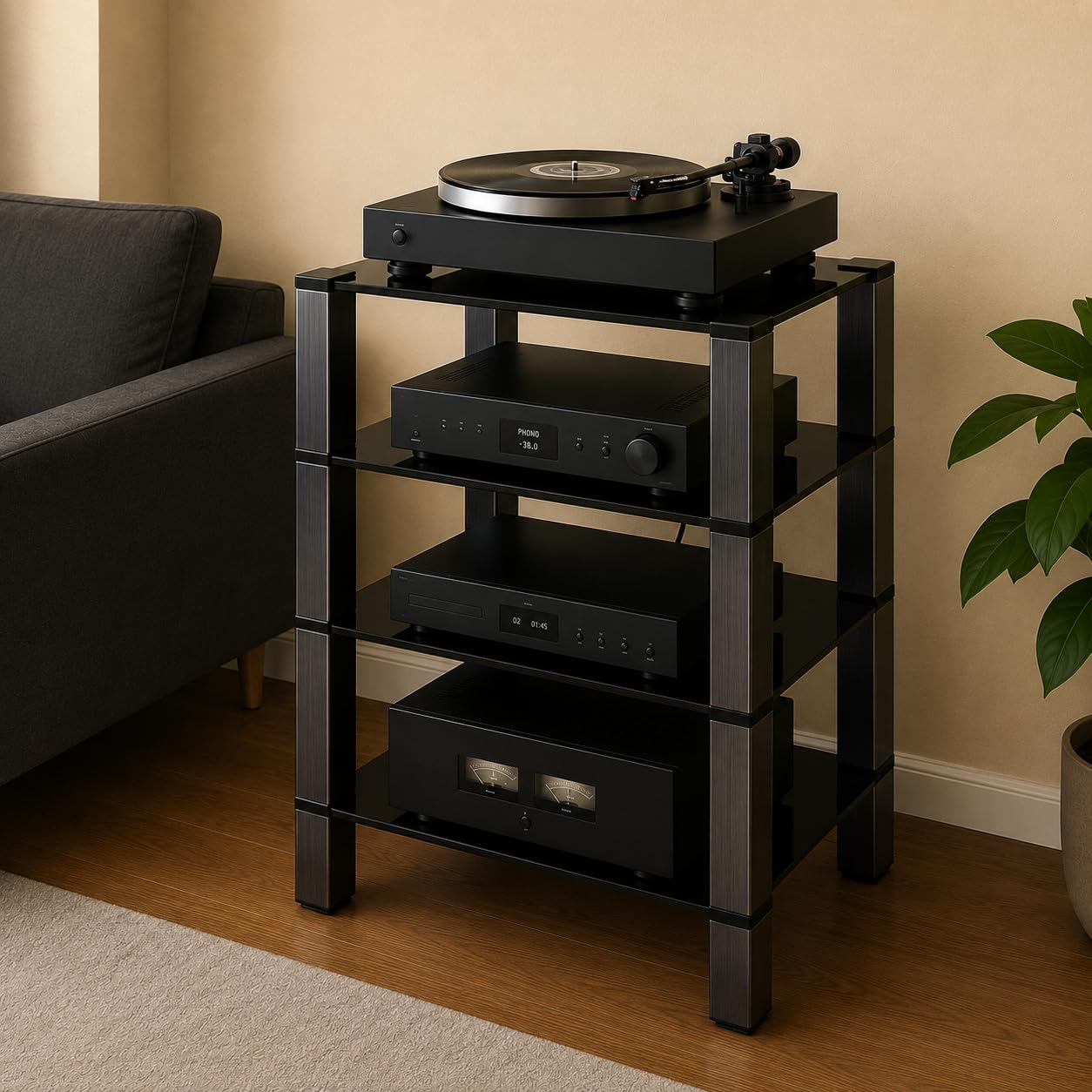 SONOROUS RX5040-NN Mueble HiFi de 4 Estantes con Vidrio Templado Negro | Soporte para Equipo de Audio y Electrónica, Hasta 40 kg por Estante, Con Ruedas