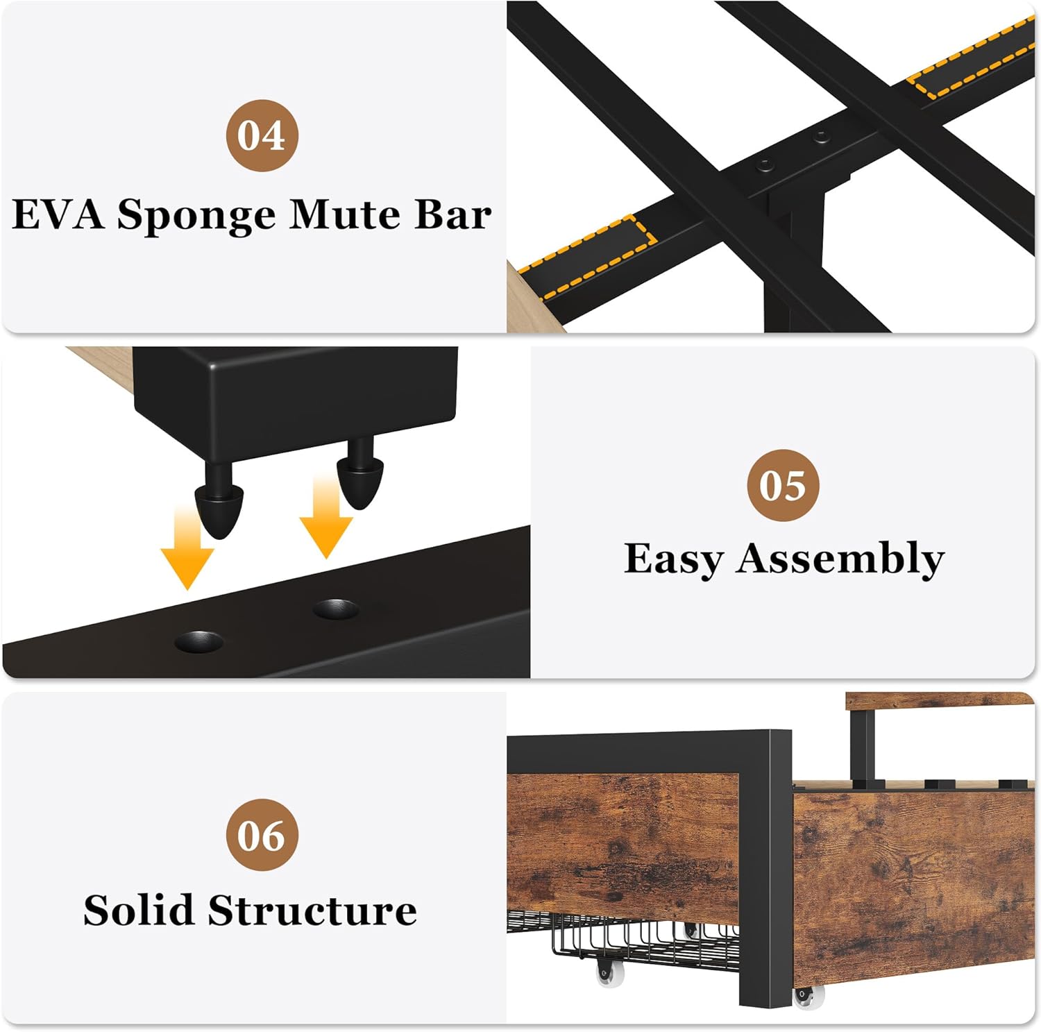 Full Size Bed Frame with 4 Drawers and Headboard, Rustic Vintage Wood and Metal Bed Frame with Large Storage Space, No Box Spring Needed, Noise Free