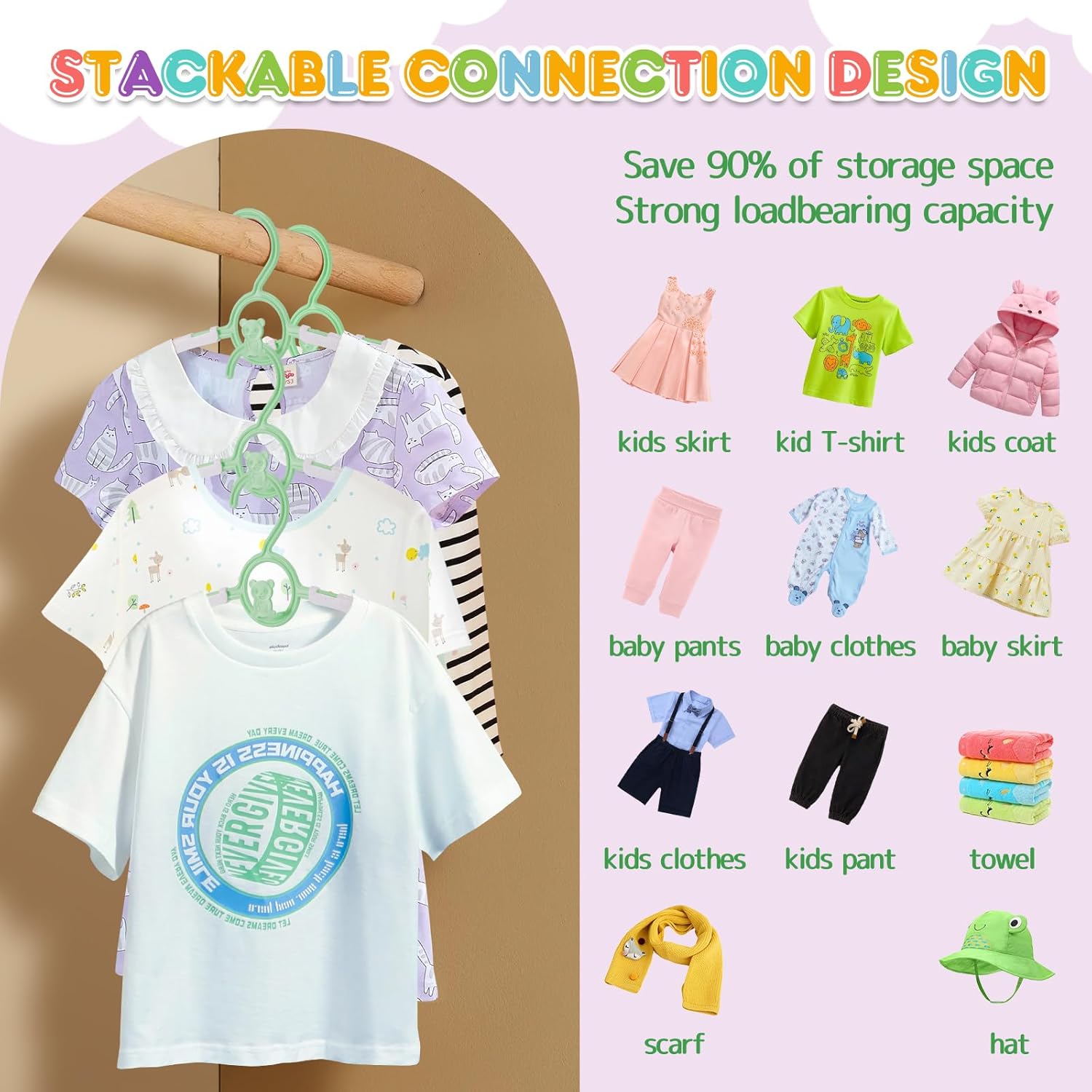 Baby Hangers,11-14 inch Extendable Kid Hangers 100 Pack,Non-Slip Children Hangers,Stackable Space Save Toddler Hangers,Infant Hangers for Closet,Green 100 Pack