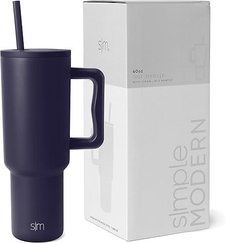 Simple Modern Vaso de 40 onzas con asa y tapa con pajilla, botella de agua reutilizable aislada de acero inoxidable, taza de café helado, regalos
