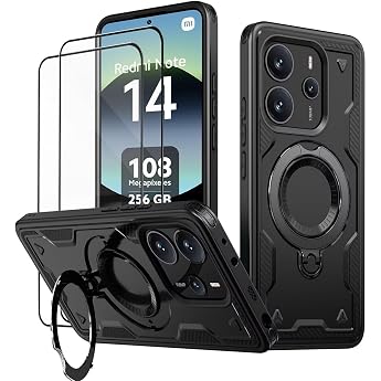 Case for Xiaomi Redmi Note 14 / Redmi Note 14 4G Not 5G with Protective Glass x 2 Military Mobile Phone Case Stand Shockproof Case with Metal Ring Holder - Armoured Case Black