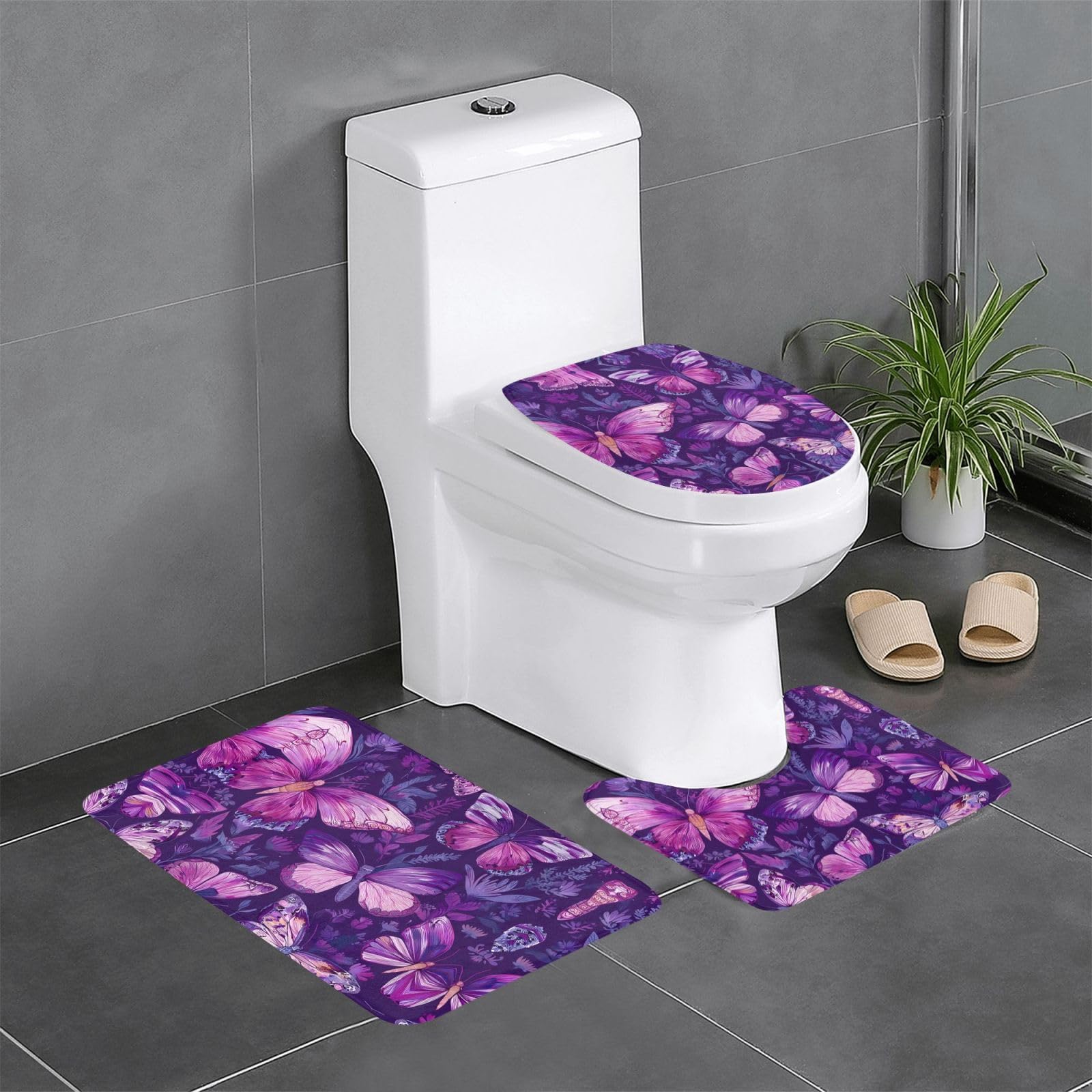 Tapis de salle de bain antidérapants en lot de 3 pièces violettes en tissu
