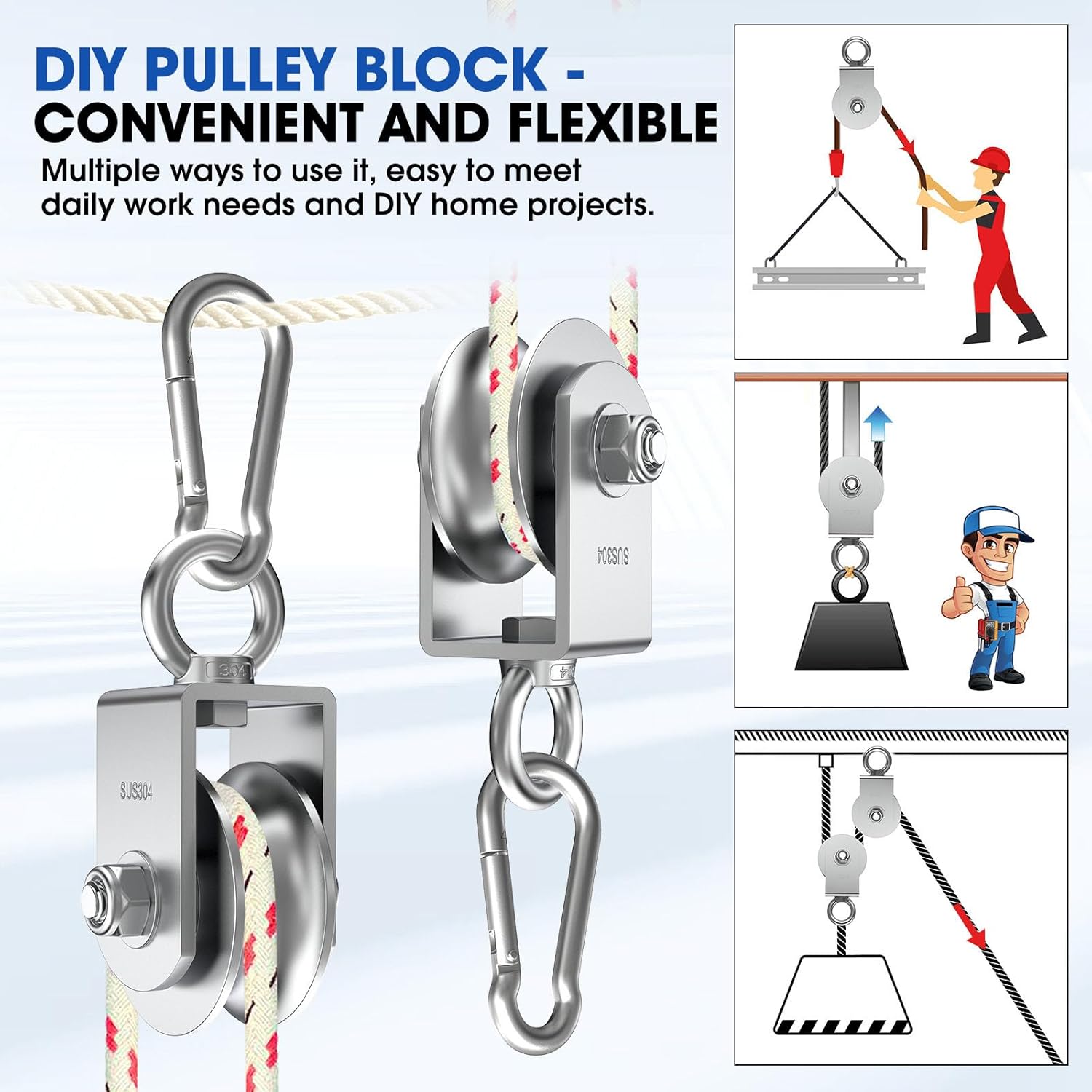 U Type Swivel Pulley Block, 304 Stainless Steel Pulleys for Wire Rope Cable Lifting, DIY Gym Equipment Part, Clothesline, Hoist - Waterproof Sturdy 360 Degree Rotating Wheel (68 mm, 4)