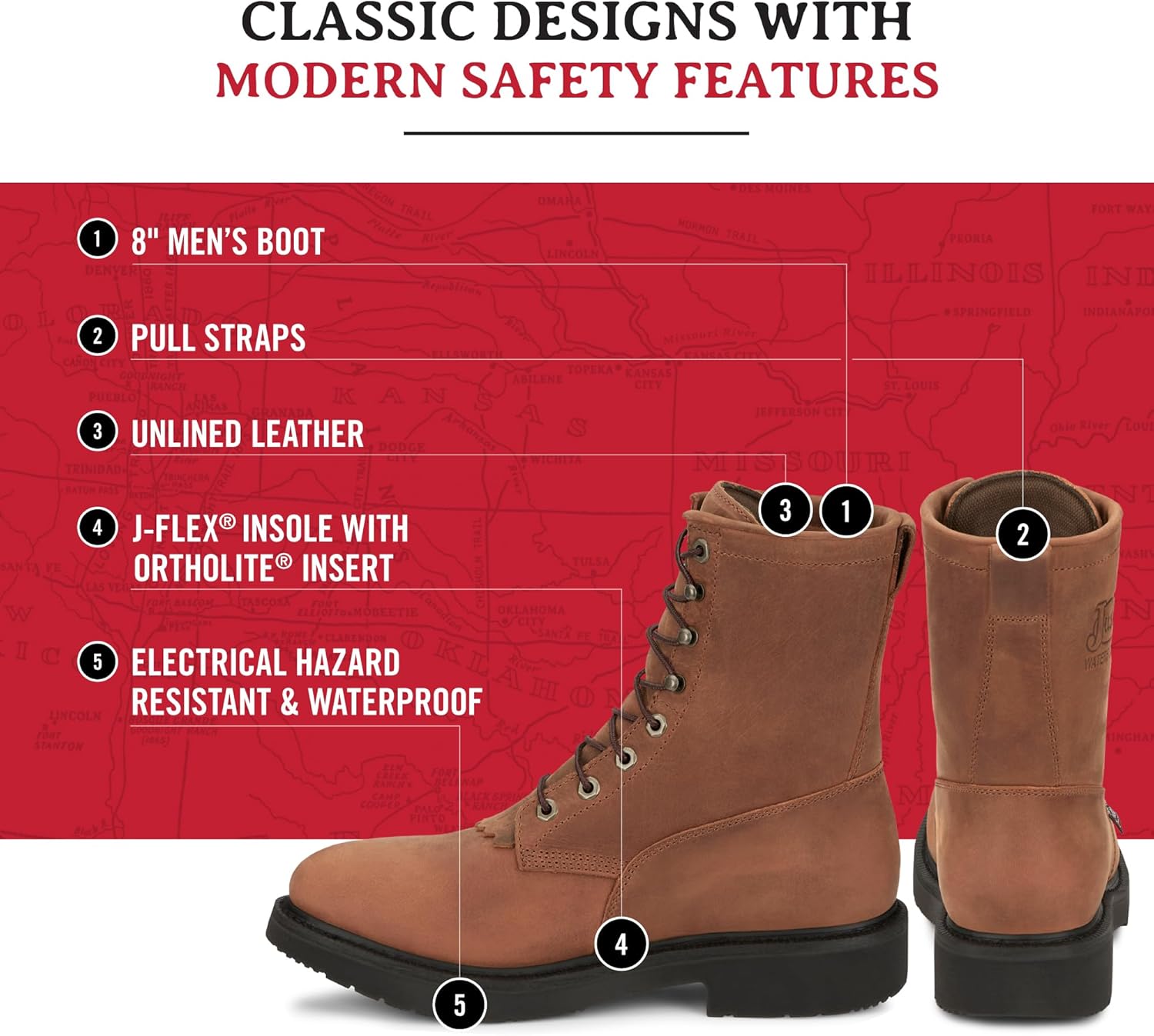 Justin Livestock 8'' Waterproof Work Boots for Men - Durable Premium Full-Grain Leather with Comfort Insole and Slip-Resistant Outsole, EH-Resistant - Image 3