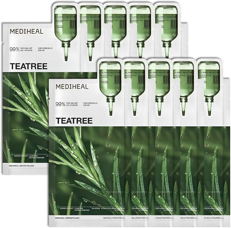 Máscara facial de tecido MEDIHEAL Tea Tree Essential, Calming Moisture — 10 unidades