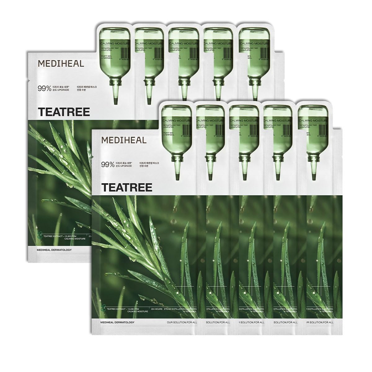 Mediheal Essential Face Mask [Teatree] Calming Moisutre 10 pcs. with 99% Purity Teatree for Intensive Soothing, Deep Hydration – suitable for acne-prone skin – Vegan Formula Korean Sheet Mask