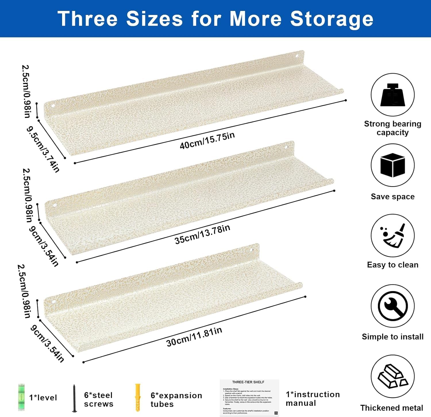 himaly Metal Wall Shelf, Floating Shelves, 30/35/40 cm, Wall Mounted Shelves Set of 3 for Kitchen Bathroom, Living Room, Bedroom, White - Image 2
