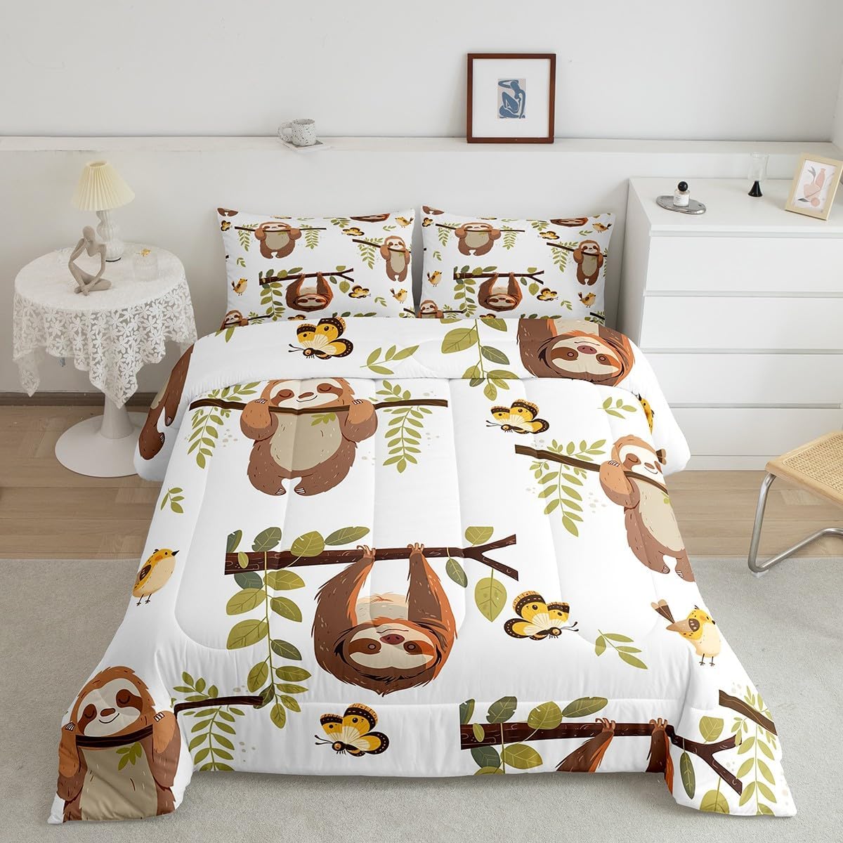 Cartoon Sloth Kids Comforter Set Cute Butterfly Birds Wild Animals Bedding Set for Kids Boys Girls Teens Green Leaves Jungle Branches Rustic Quilted Comforter with 1 Pillowcase Toddler Size 2 Pcs